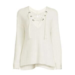 NO BOUNDARIES WINTER IVORY WHITE V-NECK LACE-UP PULLOVER SWEATER Size XL 15/17